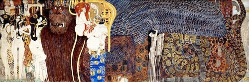 Gustav Klimt, ""Beethovenfries. """"Die feindlichen Gewalten und nagender Kummer"""". (D.127)"""" (Klimt,Gustav,Wien,Österreichische Galerie Belvedere,1862-1918,Gustav Klimt,19. Jahrhundert,20. Jahrhundert,Beethovenfries,Affe,Österreich,Jugendstil,Art Nouveau,Symbolismus,symbolistisch,Allegory,allegoristisch,animalisch,aufreizend,Belle Epoque,Erotik,er)