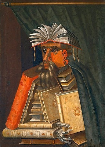 Giuseppe Arcimboldo, Der Buchhändler. 1566 (Wunschgröße, Büste, Beruf, Bücher, Buchseiten, Personifizierung, bizarr, Manierismus, Allegorie, Figurativ, Klassiker, Wohnzimmer, Bibliothek, bunt)