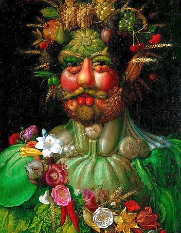 Giuseppe Arcimboldo, Vertumnus (Kaiser Rudolf II.). 1590 (Wunschgröße, Gesicht, Portrait, Blumen, Blüten, Früchte, Gemüse, pflanzlich, Gottheit, Kaiser, bizarr, Manierismus, Allegorie, Figurativ, Klassiker, Wohnzimmer, Esszimmer, bunt)