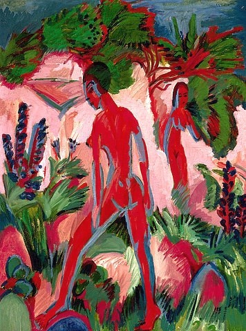 Ernst Ludwig Kirchner, Rote Akte. 1913/1925 (Expressionismus,Die Brücke, 20. Jahrhundert, Klassiker, Weibliche Akte, rot, Akt, Frauen, baden, Badende, Malerei, wunschgröße, Wohnzimmer, Treppenhaus, bunt)