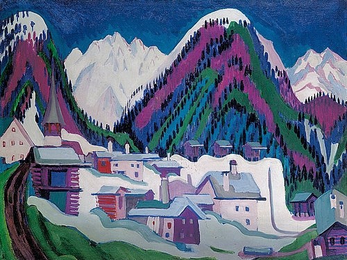 Ernst Ludwig Kirchner, Dorf Monstein bei Davos. 1927. (Essen,Museum Folkwang,Kirchner,Ernst Ludwig,1880-1938,Winter,Schweiz,Dörfer,Kirchner, Ernst Ludwig 1880-1938,Ernst Ludwig Kirchner,19. Jahrhundert,20. Jahrhundert,Deutschland,deutsch,Expressionismus,expressioistisch,expressiv,Brücke,Dorf,Monstein,Davos,Sc)