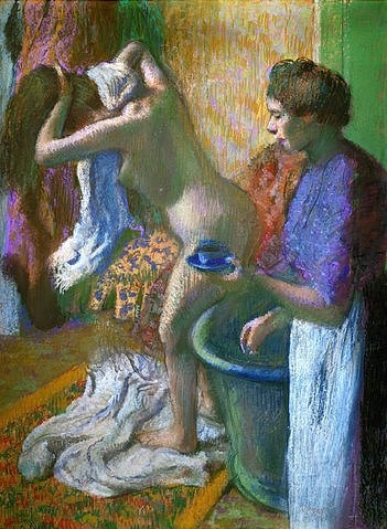 Edgar Degas, Die Tasse Kaffee nach dem Bad. (Degas,Edgar,1834-1917,Privatbesitz,Pastell/Papier,Edgar Degas, französischer impressionismus,französisch,impressionistisch)