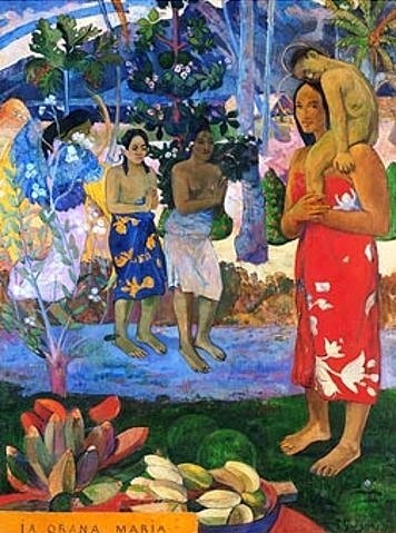 Paul Gauguin, IA ORANA MARIA (Ave Maria). 1891/1892 (Gauguin,Paul,1848-1903,New York,Metropolitan Museum,Post-Impressionismus,Christentum,Eingeborene,Gemälde,Kunst,Landschaften,Leute,Religion,Wälder,Paul Gauguin,Paul Gauguin,19. Jahrhundert,Frankreich,französisch,IA ORANA MARIA,Ave Maria,Tahiti,Südsee,Südse)