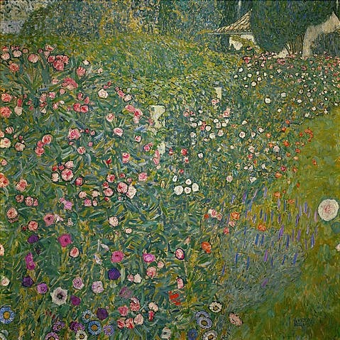 Gustav Klimt, Italienische Gartenlandschaft. (Klimt,Gustav,1862-1918,Gustav Klimt,garten,wiener jugendstil,blüten,blühend,blumen,wiese)