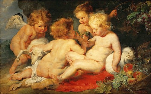 Peter Paul Rubens, Das Christkind mit dem Johannes-Knaben und zwei Engeln. 1615/1620 (Eichenholz,Rubens,Peter Paul,Wien,Kunsthistorisches Museum,1577-1640,Peter Paul Rubens)