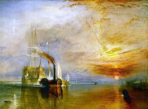 Joseph Mallord William Turner, Die Temeraire an ihrem letzten Ankerplatz. 1838-39 (London,National Gallery,Turner,Joseph Mallord William,1775-1851,Öl auf Leinwand,Willliam Turner,Temeraire,England,Großbritannien,Romantik,Schiff,Wasser,Sonnenuntergang,Seestück,Technik,Nostalgie,Industrialisierung,Fortschritt,Segelschiff,Dampfer,Dampfschi)