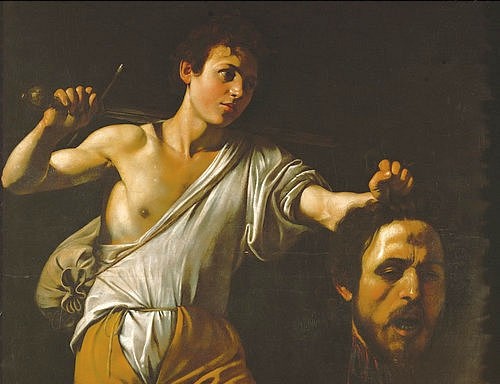 Michelangelo Merisi da Caravaggio, David mit dem Haupt des Goliath. 1605 (Enthaupten, Kopf, König, Schwert, Tod, Kampf, Steinschleuder, Altes Testament, Bibel, Religion, Hell-Dunkel, Barock, Klassiker, Malerei, Wunschgröße, Wohnzimmer)