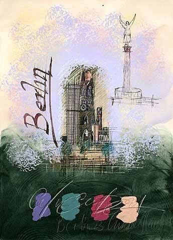 Hewitt Annabel Berlin (Monotypie, handsigniert) (Berlin, Siegessäule, Gebäude, abstrahiert, modern, Collage, evokativ, Grafik, Wohnzimmer, Büro, Original, bunt)