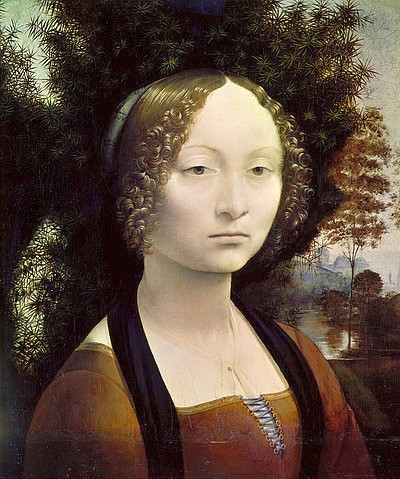 Leonardo da Vinci, Bildnis der Ginevra Benci. 1474-79 (Portrait, junge Frau, Bankierstochter, Florenz, Garten, Wacholderstrauch, Schönheit, Treppenhaus, Wohnzimmer, Wunschgröße, Renaissance, Malerei, Klassiker)