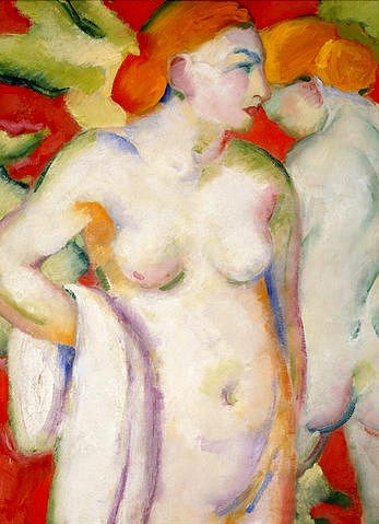 Franz Marc, Aktbild auf Zinnober. 1910 (Marc,Franz,1880-1916,Christie's Images Ltd,Öl/ Lwd.,Marc,Franz Marc,20. Jahrhundert,Akt,Frau,weiblich,Handtuch,Badende, blass,blaß,rothaarig)