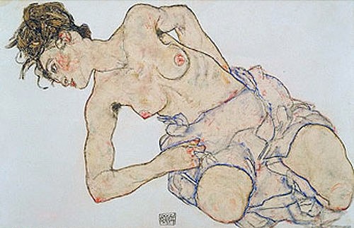 Egon Schiele, Weiblicher Halbakt. 1917 (Expressionismus, Aquarell, weiblich, erotisch, aufreizend, lasziv, Aktmalerei, Schlafzimmer, Wohnzimmer, Wunschgröße, bunt,)