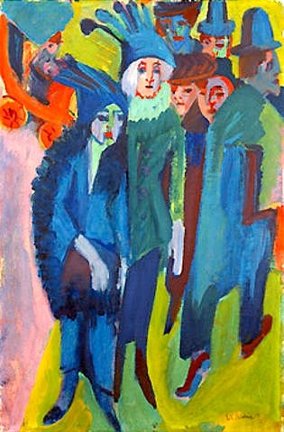 Ernst Ludwig Kirchner, Straßenszene. 1914/22 (Expressionismus,20. Jahrhundert,Öl auf Leinwand,Christie's Images Ltd,1880-1938,Kirchner,Ernst Ludwig,1913,Ernst Ludwig Kirchner,Passanten,Fußgänger,Frauen,blau,Auto,blau,städtisch,urban,Straße,Straßenszene,Hüte,Die Brücke)