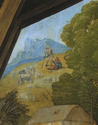 Albrecht Dürer, Die Hirten auf dem Felde. Detail aus dem Paumgartner-Altar. 1504 (?) (Landschaft, Schäfer, Schafe, Pastorale, Berge, Klassiker, Alte Meister, Malerei,  Wohnzimmer, Treppenhaus, Renaissance, bunt)