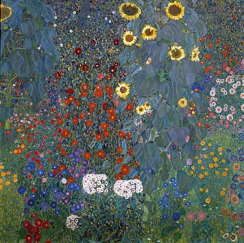 Gustav Klimt, Bauerngarten mit Sonnenblumen. 1905/06 (Klassische Moderne, Jugendstil, Blütenpracht, Sonnenblumen, Blumen, Blumengarten, Wohnzimmer, Treppenhaus, Schlafzimmer, Wintergarten, Malerei, Wunschgröße)