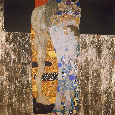 Gustav Klimt, Die drei Lebensalter.  1905 (Klimt,Gustav,1862-1918,Rom,Galleria Nazionale d'Arte,Öl auf Leinwand,Altern,Gemälde,Kunst,Menschlicher Körper,Gustav Klimt,Österreich,Allegorie,Frauen,Klimt, Gustav 1862-1918,Stufen,Jugendstil,Wiener Sezession,Mutter, Kind)