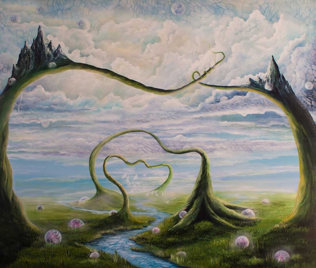 Conny Krakowski, Schlangenwelt (Surrealismus, Traum, Magie, Esoterik, Baum, Traumbaum,Lebensbaum,Geburt,Leben,Sterben,Wege, Lebensweg, Phantasie,Fantasie,Realismus,Malerei,Gemläde,detaiiert,Traumbild,Traumlandschaft,Landschaftsmalerei,Träumerei,Wasserfall,Berge,Wolken,)