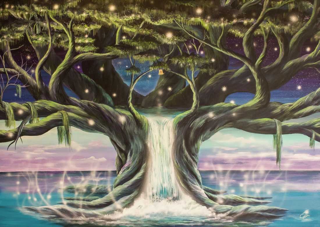 Conny Krakowski, Der Baum der Seelen (Surrealismus, Traum, Magie, Esoterik, Baum, Traumbaum,Lebensbaum,Geburt,Leben,Sterben,Wege, Lebensweg, Phantasie,Fantasie,Realismus,Malerei,Gemläde,detaiiert,Traumbild,Traumlandschaft,Landschaftsmalerei,Träumerei,Wasserfall,Berge,Wolken,)