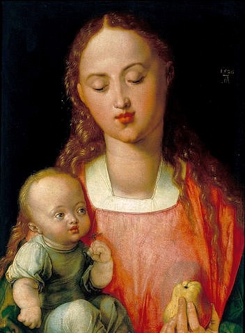 Albrecht Dürer, Die Madonna mit der Birne. 1526 (Dürer,Albrecht,1471-1528,Florenz,Galleria degli Uffizi,Holz,Dürer,Albrecht Dürer,Renaissance,Maria,Mutter,Kind,Jesuskind,Birne,Frucht,Kirschmund,Kleinkind,Natürlichkeit)