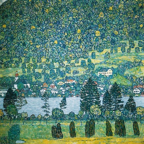 Gustav Klimt, Waldabhang in Unterach am Attersee. 1917 (D.218) (Klimt,Gustav,1862-1918,Privatbesitz,Öl auf Leinwand,Gustav Klimt,19. Jahrhundert,20. Jahrhundert,Österreich,österreichisch,Jugendstil,Art Nouveau,Natur,Landschaft,Wald,Waldabhang,Abhang,Unterach,Attersee,See,Ufer,Dorf,Häuser,Büsche,Bäume,Idylle,idyllisch,)