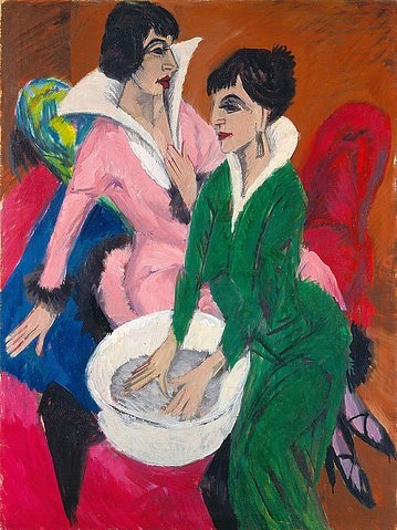 Ernst Ludwig Kirchner, Zwei Frauen mit Waschbecken (Die Schwestern). 1913 (20. Jahrhundert,Öl auf Leinwand,1880-1938,Kirchner,Ernst Ludwig,Städel Museum,Frankfurt am Main,Kirchner,Ernst Ludwig Kirchner,Frauen, Junge Frauen,Geschwister,Haushalt,Deutschland,deutsch,19. Jahrhundert,20. Jahrhundert,Expressionismus,Brücke,expressioni)