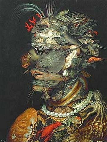 Giuseppe Arcimboldo, ""Allegorie """"Wasser"""". 1566 für Kaiser Maximilian II. gemalt."""" (Wunschgröße, Gesicht, Portrait,  Fischkopf, Meeresgetier, Muscheln, Fische, Korallen, Perlen, Elemente, bizarr, Manierismus, Allegorie, Figurativ, Klassiker, Wohnzimmer, Esszimmer, bunt)