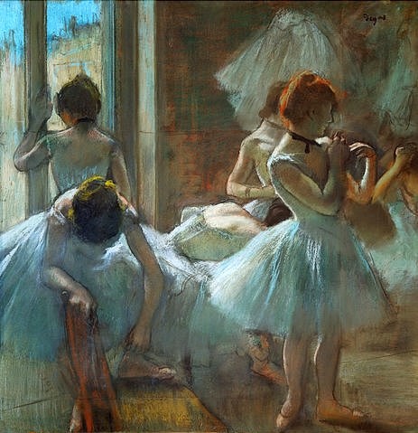 Edgar Degas, Blaue Tänzerinnen in der Pause. 1884/85 (Pastell,Paris,Musée d'Orsay,Degas,Edgar,Edgar Degas, französischer impressionismus,französisch,impressionistisch)