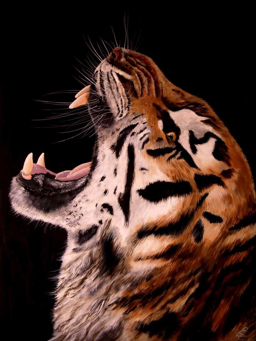 Conny Krakowski, Tiger (Surrealismus, Traum, Magie, Esoterik, Baum, Traumbaum,Lebensbaum,Geburt,Leben,Sterben,Wege, Lebensweg, Phantasie,Fantasie,Realismus,Malerei,Gemläde,detaiiert,Traumbild,Traumlandschaft,Landschaftsmalerei,Träumerei,Wasserfall,Berge,Wolken,)