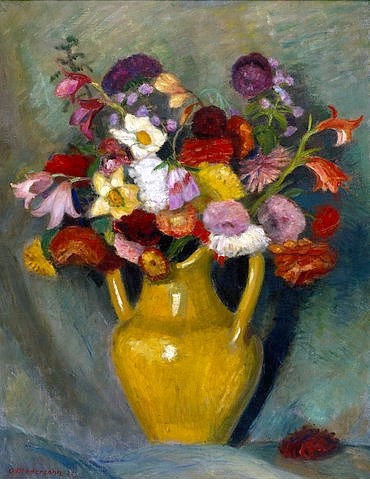 Otto Modersohn, Bunter Blumenstrauß in gelbem Tonkrug. 1928 (Stillleben, Blumenstrauß, Krug, Vase, Sommerblumen, Künstlerkolonie Worpswede, Klassische Moderne, Wunschgröße, Wohnzimmer, Treppenhaus, Esszimmer)