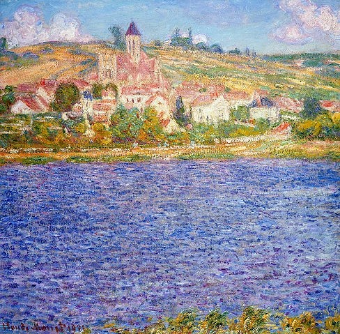 Claude Monet, Ansicht von Vetheuil am Nachmittag. 1901 (Öl auf Leinwand,Christie's Images Ltd,1840-1926,Monet,Claude,Monet,Claude Monet,20. Jahrhundert,Impressionismus,Vetheuil,Frankreich,Seine,Landschaft,Fluss,Flussufer,Flusslandschaft,Kirche,Dorf,Wasser)