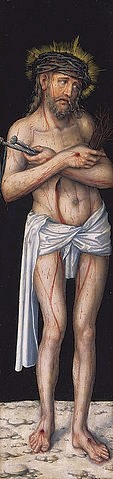 LUCAS CRANACH Der Ältere, Kreuzigungstriptychon: Schmerzensmann (Jesus Christus, Passion,  Schmerzenmann, Leiden, Schmerz, Dornenkrone, Nägel, Stigmata, Blut, Folter, Religion, Klassiker, Renaissance, Wunschgröße, Wohnzimmer)