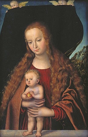 LUCAS CRANACH Der Ältere, Maria und das Jesuskind mit einem Apfel. (heilige Maria, Mutter Gottes,  Madonna, Christuskind, Apfel, Religion, Christentum,  Klassiker, Renaissance, Wunschgröße, Wohnzimmer)