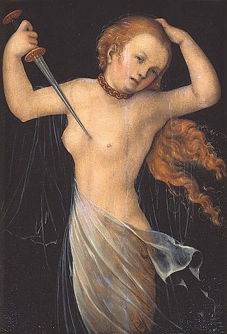 Lucas d.Ä. (Anonymer Meister) Cranach, Selbstmord der Lucretia. (Renaissance, Lucretia, Frau, Selbstmord, Selbsttötung, Tod, töten, Suizid, Schleier, nackt, Halbakt, Kette, Schwert, Brust, lange Haare, Wunschgröße, bunt)