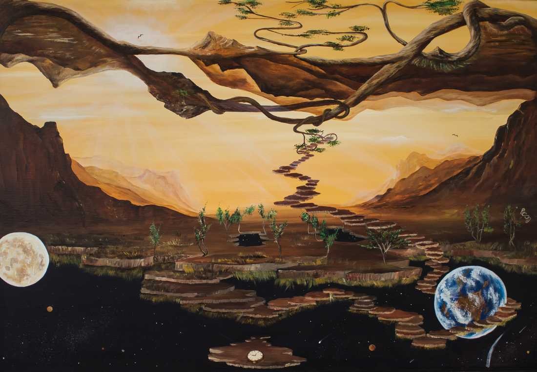 Conny Krakowski, Verkehrte Welt (Surrealismus, Traum, Magie, Esoterik, Baum, Traumbaum,Lebensbaum,Geburt,Leben,Sterben,Wege, Lebensweg, Phantasie,Fantasie,Realismus,Malerei,Gemläde,detaiiert,Traumbild,Traumlandschaft,Landschaftsmalerei,Träumerei,Wasserfall,Berge,Wolken,)