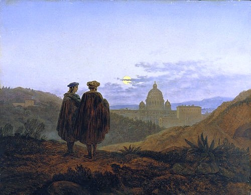 Carl Gustav Carus, Erinnerung an Rom (Blick auf die Peterskirche in Rom. Im Vordergrund Raffael und Michelangelo). 1839 (Öl auf Holz,Carus,Carl Gustav,1789-1869,Frankfurter Goethe-Museum,Goethe Museum, Goethemuseum,Rückenfigur,Mond,Romantik,Gespräch,Reise,Melancholie,Mann,Männer,Abend)