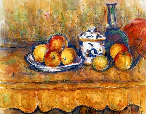 Paul Cézanne, Stilleben mit blauer Flasche und Zuckerdose. (Wien,Kunsthistorisches Museum,Cézanne,Paul,1839-1906,Aquarell,Stillleben,Cézanne, Paul Cezanne,1839-1906,Tisch,Zuckerdose,Äpfel,Karaffe)