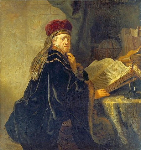 Rembrandt van Rijn, Der Gelehrte (oder: Alter Rabbi). 1634 (Portrait,Barock,17. Jahrhundert,Lwd.,Prag,National (Narodni) Galerie,1606-1669,Rembrandt van Rijn,Religion,Lesen,Rembrandt van Rijn 1606-1669,studieren,Buch,Studierzimmer,Mann,Weisheit)