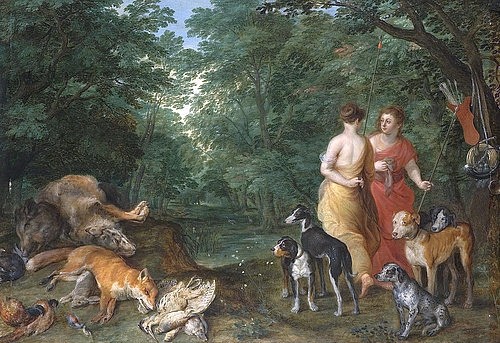 JAN BRUEGHEL DER ÄLTERE, Dianas Nymphen nach der Jagd. (Mythologie, Wald, Göttin der Jagd, Jagdbeute, Tiere, Hunde, Nymphen, Barock, Klassiker, Malerei, Wunschgröße, Wohnzimmer, bunt)