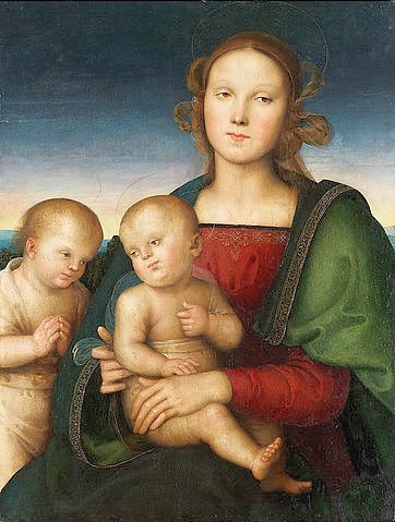 Perugino (Pietro Vanucci), Madonna mit Kind und dem Johannesknaben. 1495-1500. (Perugino (Pietro Vanucci),Pappelholz,1445-1523 und Raffael,Städel Museum,raffael,perugino,pietro vanucci,renaissance,italien,italienisch,jungfrau maria,jesuskind,johannes)