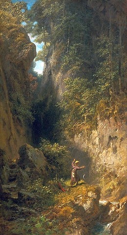 Carl Spitzweg, Der Forellenfischer. Um 1875 (Privatbesitz,Spitzweg,Carl,1808-1885,Öl auf Leinwand,Spitzweg,Carl Spitzweg,19. Jahrhundert,Biedermeier,Fischer,fischen,Angler,angeln,Natur,Fisch,Forelle,Angel,Fang,Wald)