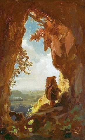 Carl Spitzweg, Gnom, von einer Höhle die erste Eisenbahn betrachtend. (Privatbesitz,Spitzweg,Carl,1808-1885,Spitzweg,Carl Spitzweg,19.Jahrhundert,Deutschland,Märchen,Gnom,Zwerg,Zipfelmütze,Bart,Eisenbahn,Dampflok,nachdenklich,Fortschritt,Höhle,Ausblick,verschränkte Hände)