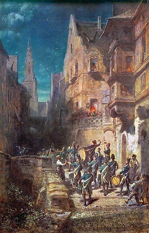 Carl Spitzweg, Zapfenstreich. Um 1880 (Spitzweg,Carl,1808-1885,Schweinfurt,Sammlung Georg Schäfer,Spitzweg,Carl Spitzweg,19. Jahrhundert,Biedermeier,Uniform,Musikkapelle,Musiker,Band,Trommel,Militärkapelle,dunkel,abends)
