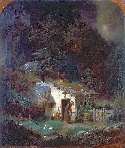 Carl Spitzweg, Eremit, Blumen gießend. (Privatbesitz,Spitzweg,Carl,1808-1885,Foto: Artothek,Spitzweg,Carl Spitzweg,19. Jahrhundert,Biedermeier,Eremit,Garten,Einsamkeit,Kaninchen,Gießkanne,Gartenarbeit,Gartenzaun,zurückgezogen,Idylle,idyllisch,friedlich,Häuschen,Hütte,Kartause,romantisch,autark,)