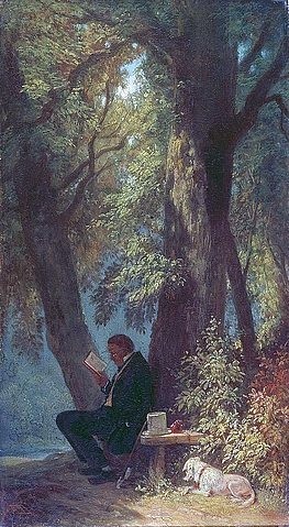 Carl Spitzweg, Der Lieblingsplatz. (Spitzweg,Carl,1808-1885,Hannover,Landesmuseum,Spitzweg,Carl Spitzweg,19. Jahrhundert,Biedermeier,Lieblingsplatz,Zylinder,Hund,Buch,lesen,ungestört,Ruhe,Stille,versteckt,Versteck,unter Bäumen,Schatten)