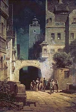 Carl Spitzweg, Ständchen im Mondschein. (Spitzweg,Carl,1808-1885,München,Bayer. Finanzministerium,Spitzweg,Carl Spitzweg,19. Jahrhundert,Biedermeier,Deutschland,Kleinstadt,Musiker,Band,Ständchen,dunkel,Nacht,nachts)