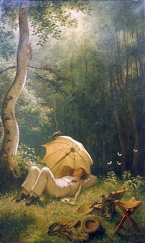 Carl Spitzweg, Der Maler (Rast im Walde) (Malerei, Klassiker, Landschaft, Künstler, Maler, Pause, Wald, Idylle, Schlafen, Humor, Wunschgröße, Wohnzimmer, Treppenhaus, Spätromantik, bunt)