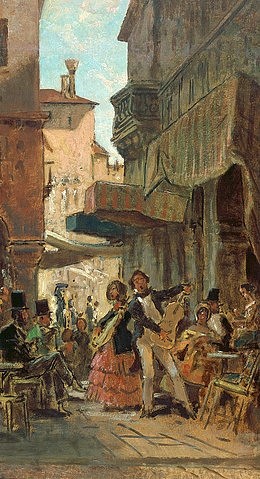 Carl Spitzweg, Italienische Straßensänger. (Spitzweg,Carl,1808-1885,Hannover,Landesmuseum,Spitzweg,Carl Spitzweg,19. Jahrhundert,Südeuropa,Straßenmusikanten,Italien,Straßenmusik,Gasse,Zuhörer,Gitarre,Gesang,Café,Musik,Unterhaltung,Nachmittag)
