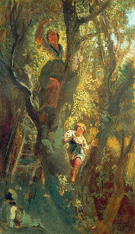 Carl Spitzweg, Mädchen auf dem Baum. Um 1875/80 (Spitzweg,Carl,1808-1885,Öl/Papier/Karton,Schweinfurt,Sammlung Georg Schäfer,Spitzweg,Carl Spitzweg,19. Jahrhundert,Romantik,Baum,Baumspitze,Geäst,Äste,Astgabelung,Gabelung,Mädchen,klettern,ernten,Ernte)