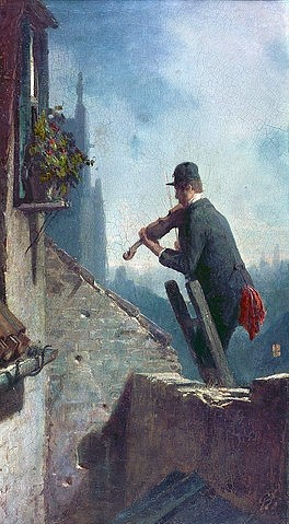 Carl Spitzweg, Ständchen (Geiger auf dem Dach). Um 1854 (Spitzweg,Carl,1808-1885,Hannover,Landesmuseum,Öl auf Leinwand,Spitzweg,Carl Spitzweg,19. Jahrhundert,Leiter,Dach,Geiger,Geige,Violine,Musik,Ständchen,Überraschung,Verehrer,verliebt,Fensterbrett,Kavalier)