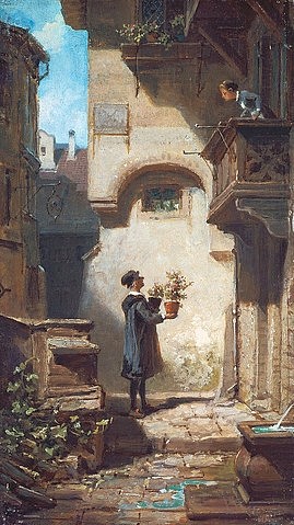 Carl Spitzweg, Der Gratulant. Um 1875. (Spitzweg,Carl,1808-1885,Hannover,Landesmuseum,Öl auf Holz,Spitzweg,Carl Spitzweg,19. Jahrhundert,Deutschland,Biedermeier,humorvoll,humorig,Balkon,Verehrer,Geburtstag,Überraschung,Ständchen,Blumentopf,gratulieren,Glückwunsch,Glückwünsche,Geschenk,Dienstmäd)