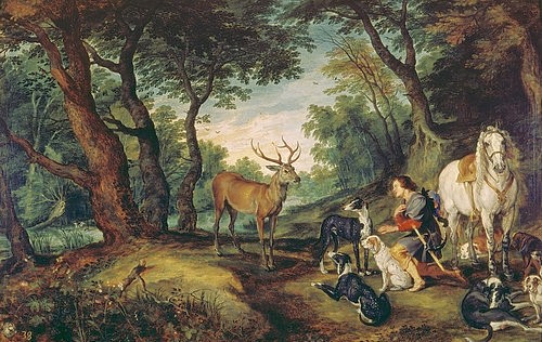 JAN BRUEGHEL DER ÄLTERE, Der heilige Hubertus. (Wald, Landschaft, Idylle, Heiliger Huberus, Ehrfurcht, Hirsch, Hunde, Jagdhunde, Pferd, Patron der Jäger, Barock, Klassiker, Malerei, Wunschgröße, Wohnzimmer, bunt)